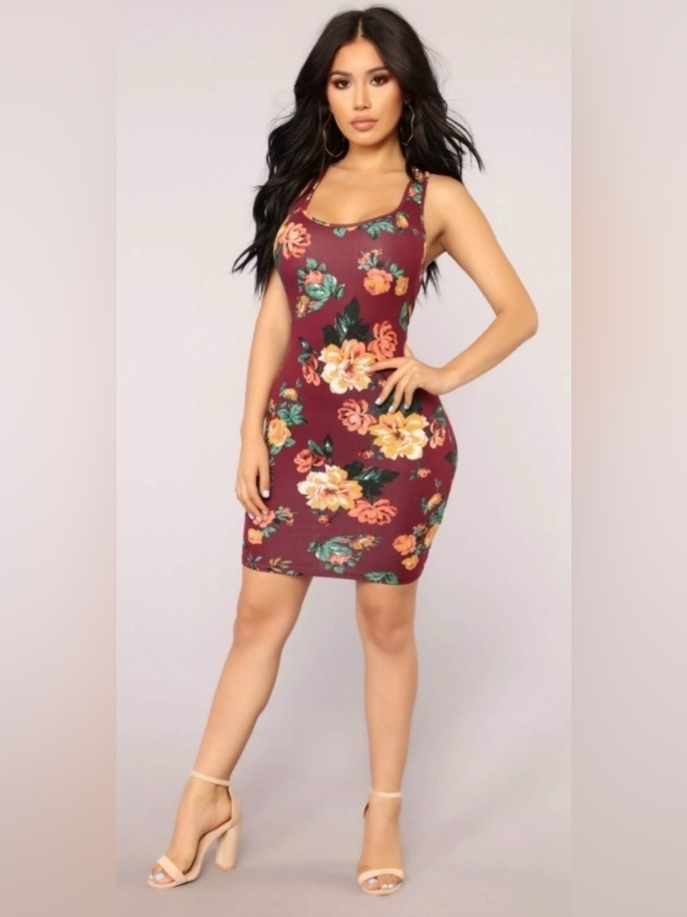 Fashion Nova - Maroon Red Floral Racerback Thick Strap Stretch Mini / Midi Dress